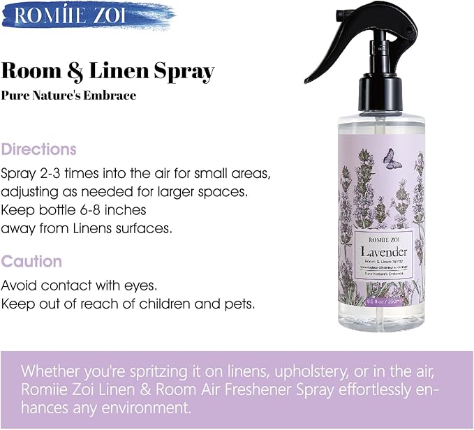 ROMIIE ZOI Linen & Room Air Freshener Spray Room Mist, with Natural Plant Extract, Lavender Scent, 8.5 FL OZ.