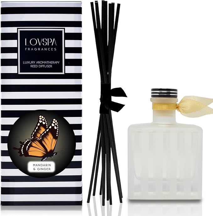 LOVSPA Reed Diffuser Set, Mandarin & Ginger Scented Oil Diffuser with Sticks, Home Fragrance Accessories for Bathroom Shelf Decor, Aroma Diffusers for Home or Office Desk, USA Made