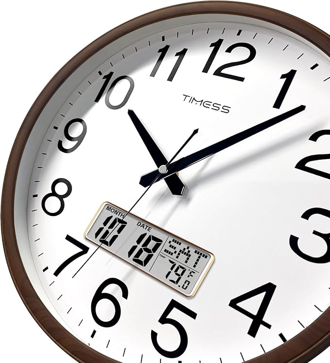 Wall Clock, Classic Wood Style Finish, 11 Inch Non-Ticking Silent Battery Operated Quartz Analog with Perpetual Calendar and F° Temperature Display, Home, Office Décor (Wood Brown)