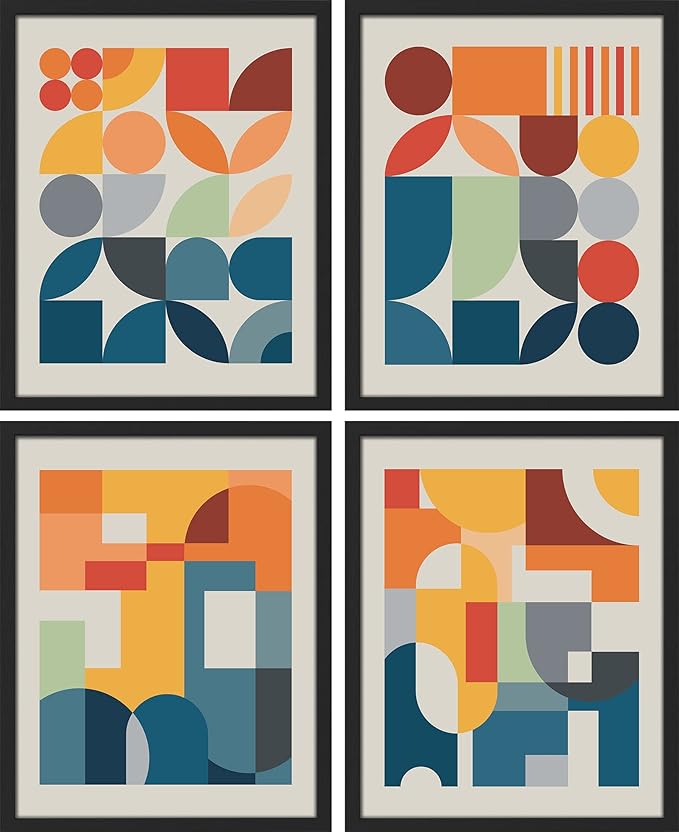SIGNWIN Framed Mid-Century Modern Colorful Geometric Polygons Wall Art, Set of 4 Abstract Geometric Wall Decor Prints, Nature Wilderness Wall Décor for Living Room, Bedroom - 11"x14" Black