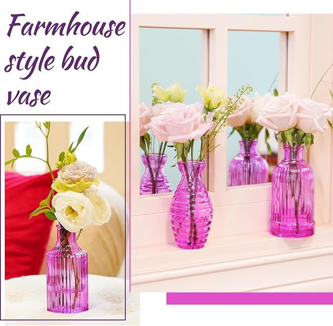 24PCS Bud Vases for Decor Cool Hot Pink Small Glass Flower Vase in Bulk Wedding Centerpieces Bridal Shower Decorations for Women