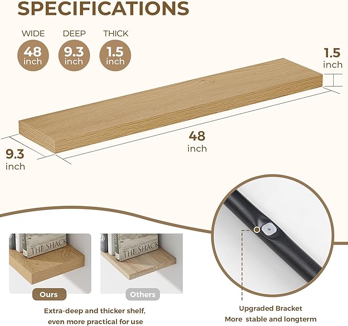 Dreamland 48 Inches Floating Shelves for Wall, 9.3" Deep Long Floating Shelves Set of 1, Large Display & Storage Shelf, Wall Shelf for Bathroom Bedroom Living Room Kitchen Office, Oak