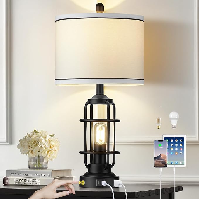 26" Modern Lamp for Living Room, Industrial 3-Way Dimmable Beside Table Lamp with USB A+C Charging Ports & AC Outlet, Touch Control Beside Lamp LED Night Light for Bedroom Single(2 Bulbs Included)