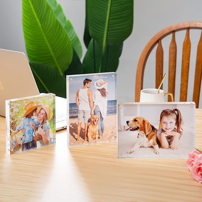 Acrylic Picture Frame, Clear Freestanding Double Sided 20mm Thickness Frameless Magnetic Photo Frames Desktop Display with Gift Box Package (5x7 4 pack)