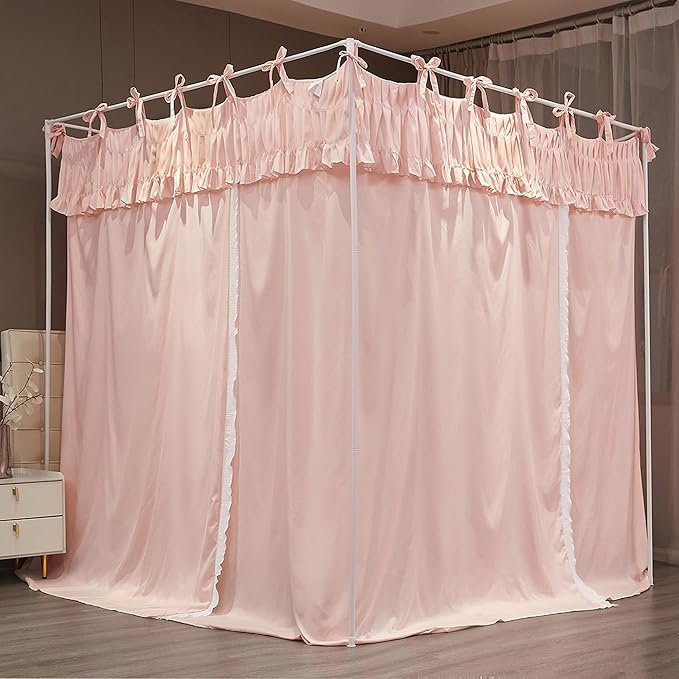 Ruffle Lace up 4 Corners Post Princess Curtain Bed Canopy Cozy Breathable Mosquito Net Cloth for Girls Adults Bedroom Decoration (Pink, 78" W*86" L*82" H/King)
