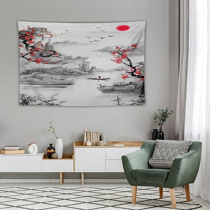 Cherry Blossoms Tapestry, Japanese Red Landscape Watercolor Abstract Art, Asian Japanese Wall Tapestry, Nature Landscape Tapestries for Bedroom Living Room Decor 60"x40"