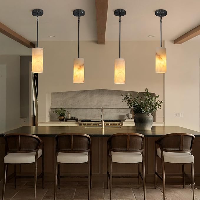 Alabaster Pendant Lights Kitchen Island, Modern Marble Pendant Lighting, Adjustable Black Pendant Lights Fixtures for Bedroom Bathroom Dinning Room(Include E12 Bulb)