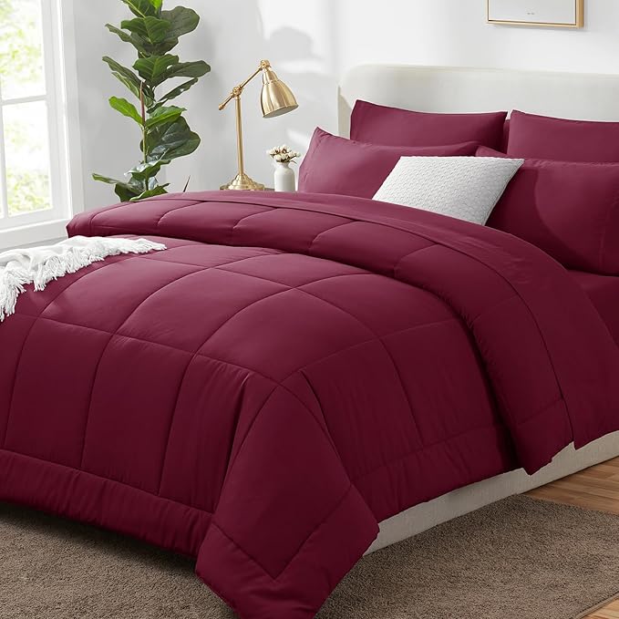CozyLux Queen Comforter Set Burgundy, 7 Pieces Bed in a Bag, Red Comforter Queen Size, All Season Bedding Sets with Stitch Quilted Comforter, Flat Sheet, Fitted Sheet, Pillowcases
