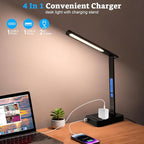 Smart Desk Lamp with Dual USB Charging (Type-C/USB-A) & 2 AC Outlets, Digital Clock, Temperature Display, 5 Color Modes, 5 Brightness, Adjustable - for Office, Bedroom, Dorm Room, Study
