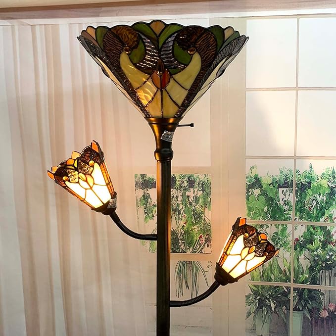 Bieye L10839 Baroque Tiffany Style Stained Glass Torchiere Floor Lamp with Sidelights for Reading, 70-inches Tall (Baroque, Brown)