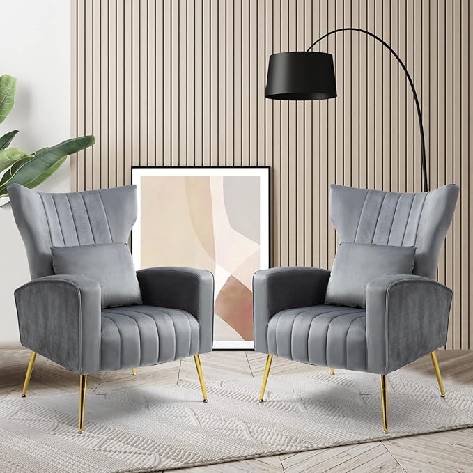X-VOLSPORT Velvet Accent Chairs Set of 2, Mid Century Modern High Back Living Room Chair with Waist Pillow, Upholstered Arm Chair with Metal Gold Legs for Bedroom, Club, Grey