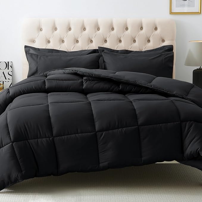 JOLLYVOGUE Full Comforter Set, Ultra-Soft Bed in a Bag Full Size 7 Pieces, Oeko-TEX Certified Bedding Set with Down Alternative Comforter, Sheets, Pillowcases & Shams, Black