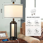25" Modern Table Lamps Set of 2, Industrial Beside Lamps with USB A+C Charging Ports & AC Outlet, Nightstand Lamp with Glass Night Light for Living Room Bedroom End Table Decor White(4 Bulbs Included)