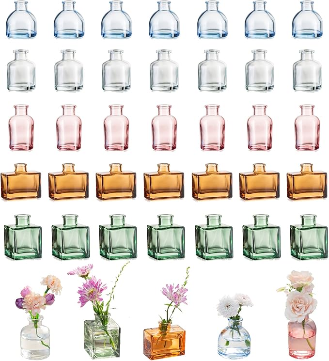 Small Glass Bud Vases for Centerpieces - Hewory 40pcs Colored Sturdy Cute Flower Vases Bulk, Mini Bottle Vase for Wedding Home Decor Birthday Party Events Mother's Day Bridal Shower Gifts Table Decor