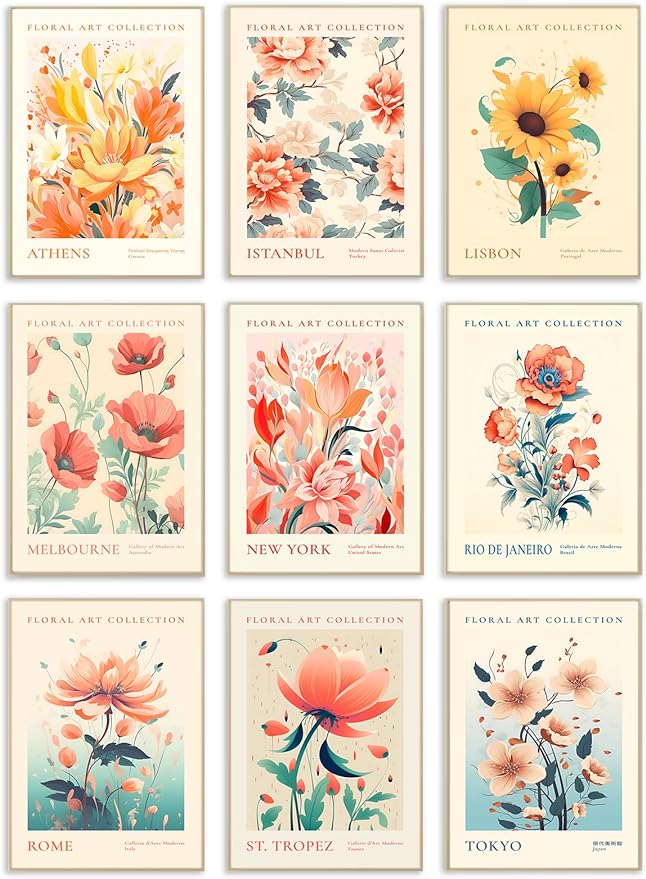 Flower Market Poster Set of 9, Abstract Colorful Floral Wall Decor Art Prints, Vintage Flower Market Poster for Room Aesthetic, Trendy Floral Canvas Gallery Paintings Boho Wall Art Decor for Bedroom Bathroom（8x10inch, Unframed)