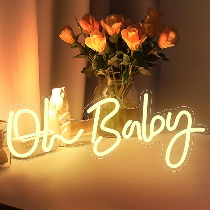 Warm White Oh Baby Letter Neon Sign，USB Powered LED Neon Light with Adjustable Brightness,Light Up Neon Signs for Bedroom Birthday Party Wedding Christmas Halloween Aesthetic