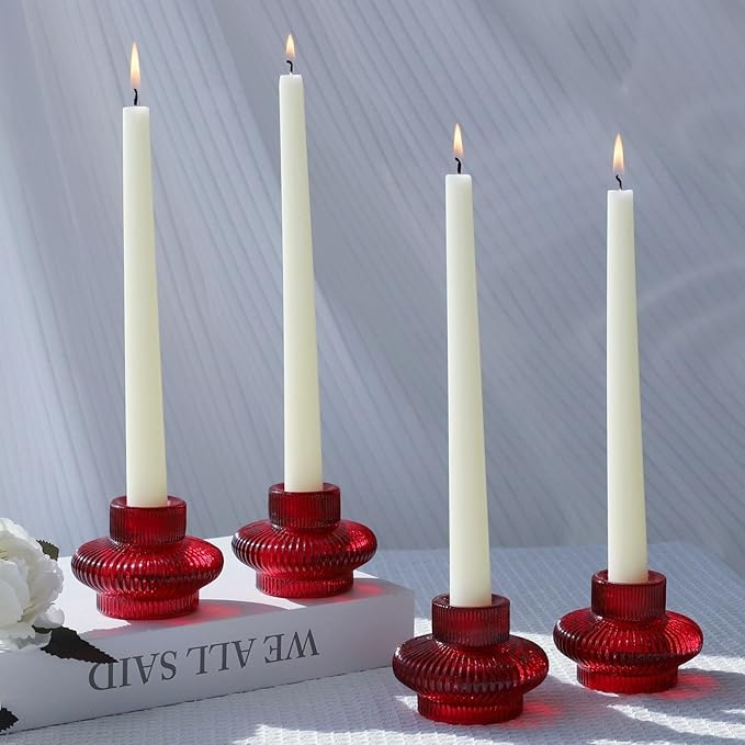 VOHO Vintage Red Candlestick Holders for Christmas Decorations, 6pcs Stackable Candle Stick Candle Holder for Valentines Day Decoration, Ribbed Taper Candle Holders for Candlesticks & Tea Lights