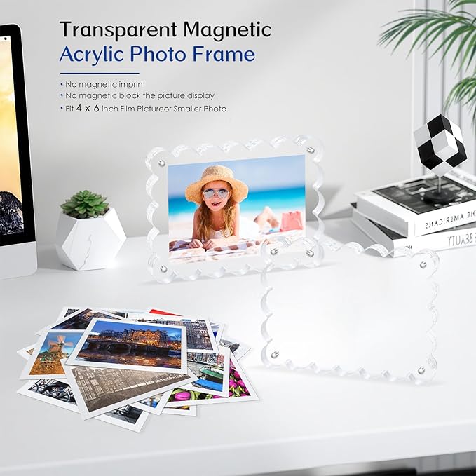 Scalloped Magnetic Picture Frame 4x6 Inch - 6Pack Clear Acrylic Photo Frame, 20mm Thick Double-Sided Magnet Design, Trendy Desktop Display for Home/Office Decor (6 Pack, 4X6)