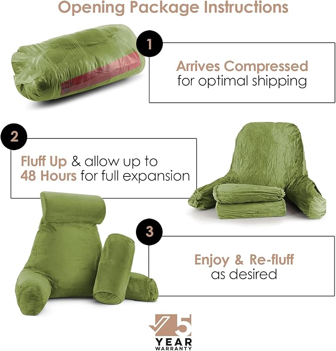 Nestl Reading Pillow Large Bed Pillow, Back Pillow for Sitting in Bed Shredded Memory Foam Chair Pillow, Reading & Bed Rest Pillows Calla Green Back Pillow for Bed, Bed Chair Arm Pillow with Pockets