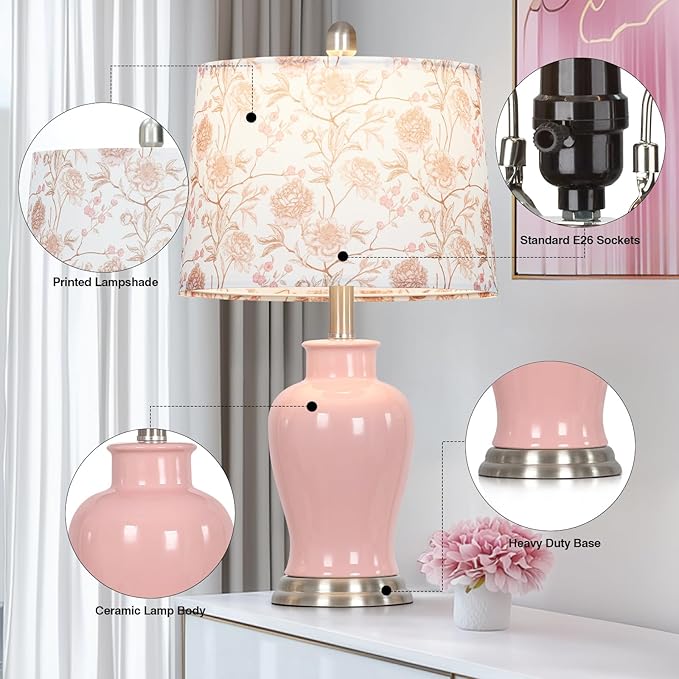 Pink Ceramic Table Lamp with Flower Lampshade, 23" Cute Bedroom Lamp with Ginger Jar Design, Modern Living Room Lamps Set 2, Elegant Bedside Lamps for Nightstand End Table Home Decor