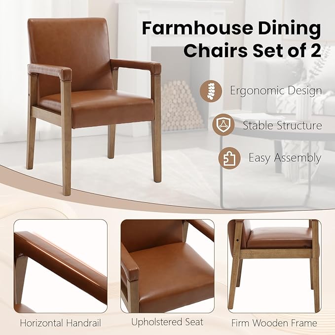 Kmax Modern Dining Chairs Set of 4 Faux Leather Kitchen Arm Chairs Upholstered Accent Chairs with Wooden Legs for Dining Room, Living Room, Bedroom, Brown