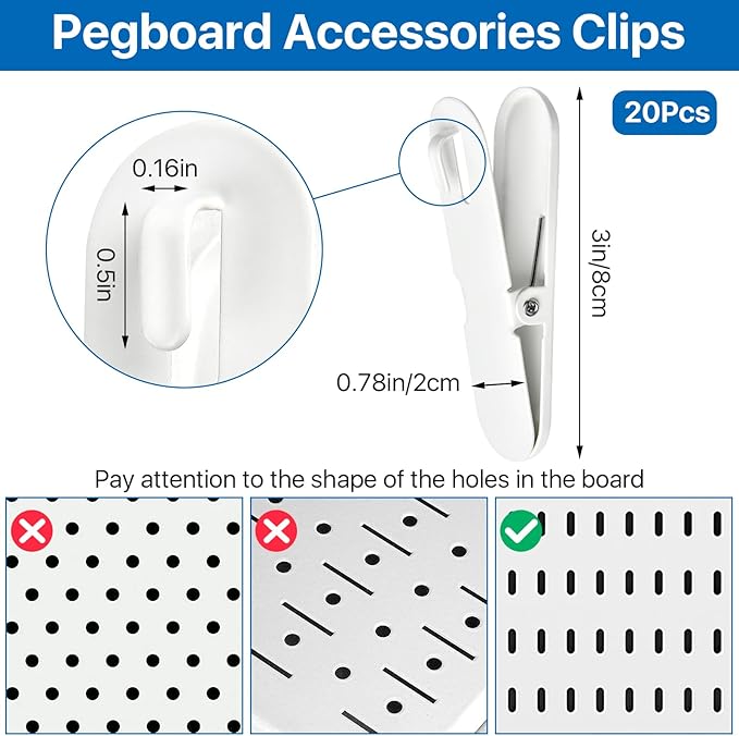 20 Pcs Pegboard Accessories Clips, White Pegboard Clips Metal Pegboard Photo Clip, Pegboard Clips for Hanging Photos, Wall Organize Storage Kitchen Bathroom Living Room Office
