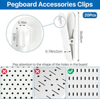 20 Pcs Pegboard Accessories Clips, White Pegboard Clips Metal Pegboard Photo Clip, Pegboard Clips for Hanging Photos, Wall Organize Storage Kitchen Bathroom Living Room Office