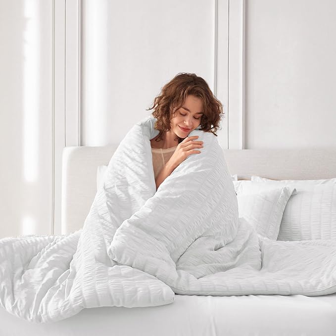 MUXHOMO 7 Pieces Queen Comforter Set, Seersucker Bed in a Bag Queen Size, All Season Luxury Bedding Set with Comforter, Flat Sheet, Fitted Sheet, Pillowcases & Shams, White