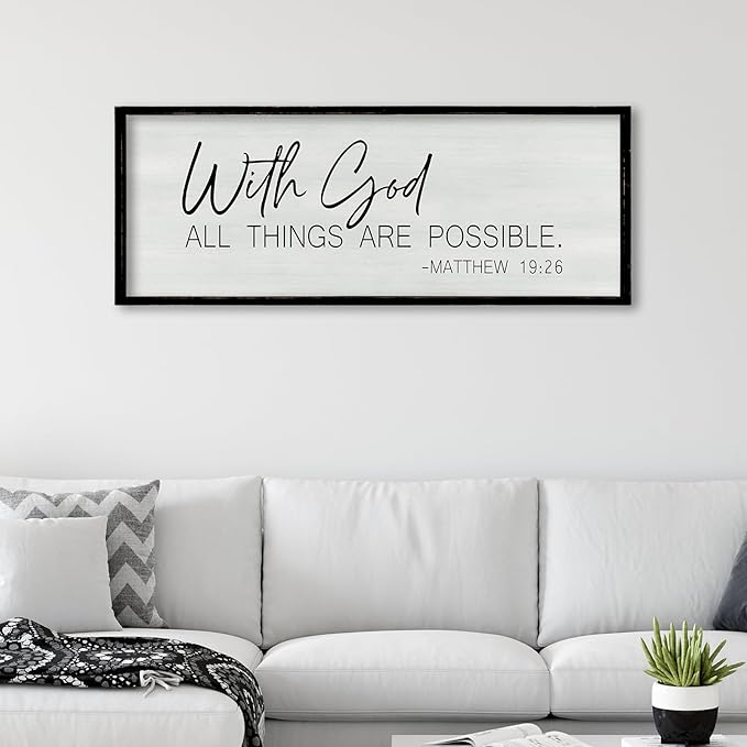 ZZJJHYWGQ Bible Verse Wall Decor With God All Things Are Possible 32"×12" Christian Religious Home Inspirational Print Catholic Sign for Living Room Religious Faith Large Hanging Art (Black)
