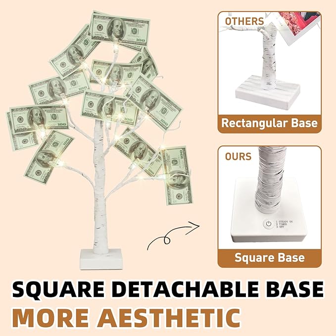 PABIPABI Money Tree Gift Holder, Set of 2 Birch Tree with 12 Clear Clips, Battery/USB Powered Timer Tabletop Trees for Home Party, Christmas, Wedding, Birthday Graduation (Warm White)
