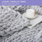 Bigacogo Chunky Knit Throw Blanket for Couch, 40x40 inches, 100% Hand Knitted with Thick Jumbo Chenille Yarn, Cozy Soft Large Rope Knot Cable Crochet Blankets for Sofa Bed Living Room, Light Grey