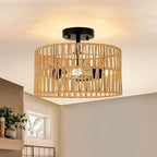 Woven Semi Flush Mount Light Fixture, 3-Light Farmhouse Rattan Light Rustic Coastal Hemp Rope Black Ceiling Light for Hallway Bedroom Kitchen Entryway Farmhouse