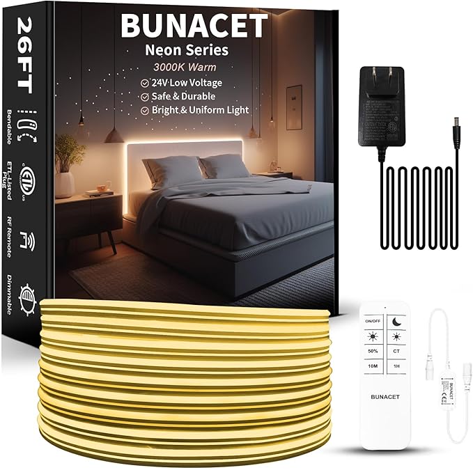 Outdoor LED Strip Lights Warm White, Neon Rope Lights 3000K IP65 Waterproof 24V DC with RF Remote, Neon Light Strip Dimmable Cuttable for Bedroom Under Cabinet Mirror House Pool 26FT