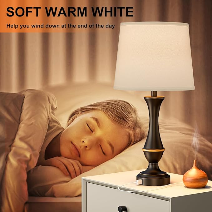 Upgraded Touch Lamps for Bedrooms Set of 2 - Nightstand Table Lamp with USB C+A, 3 Way Dimmable Lamps for Living Room, Office(White)