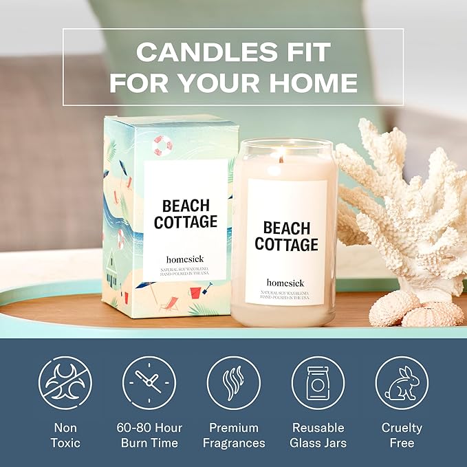 Homesick Scented Candles for Home (Beach Cottage) - Long-Lasting Natural Soy Wax Blend Jar Candle Gifts for Women & Men, 60-80 Hours Burn Time - Notes of Bergamot & Sandalwood