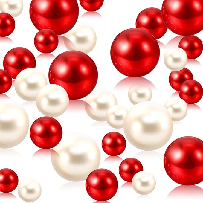 Red White Vase Filler | 150PCS Pearls Bead for Centerpieces Vases | 8/14/20 mm No Hole Beads, Fake Pearls for Wedding Birthday Theme Party Table Centerpieces Decor