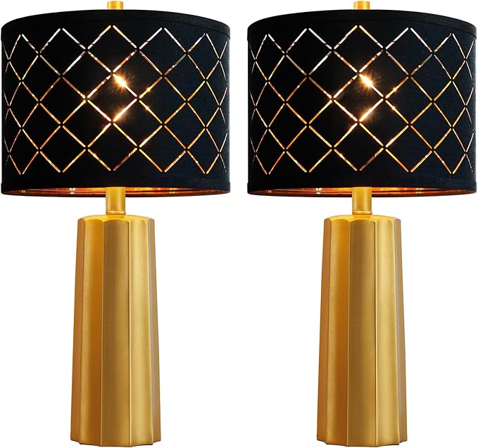 RORIANO Set of 2 Modern Table Lamps for Living Room Bedroom, Gold Nightstand Resin Lamps with Black Grid Shade, Contemporary Desk Lamps for Bedside End Tables, 2 Bulbs Included (Gold)