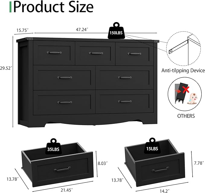 Dresser for Bedroom with 7 Drawers, 48" Wide Modern Chest of Drawers with Deep Drawers & Mental Handle, Wood Dresser TV Stand, Wooden Closet Storage Organizer for Living Room, Hallway, Entryway, Black
