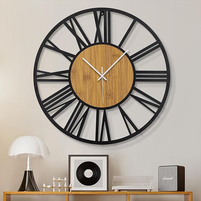 1st owned Wall Clocks for Living Room Decor,20" Vintage,Round Silent Non Ticking,Black Metal,Modern Wood Clocks for Home Bedroom,Kitchen,Garden,Office,Cafe,Modern Wall Decoration -Roman Numerals