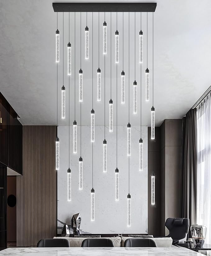 Rectangular Chandeliers 26-Lights Long Light for Entryway LED Dimmable Chandeliers Lighting Fixture Flat Sloped High Ceiling Pendant Lights Crystal for Living Room Foyer Hallway Staircase Black