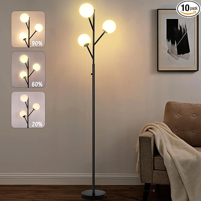 3-Globe Mid Century Black Tree Floor Lamp and Bulbs Included,70in Tall Modern Stepless Dimmable Standing Lamp with Frosted Glass Shade for Living Room Office Bedroom, Study Room(dimmer-Black)