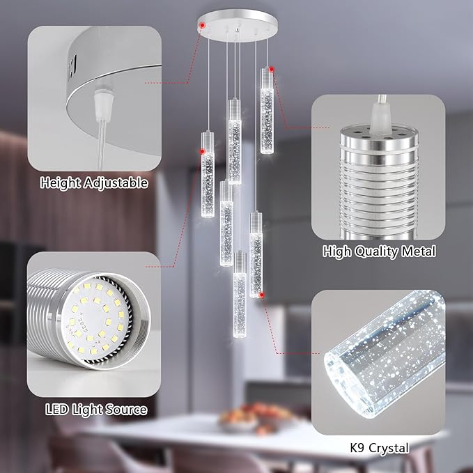 Mini Chandeliers for Kitchen Island Modern Crystal Pendants Light Dining Room Pendant Lighting Fixture High Ceiling Hanging Lights Bedroom Island Kitchen Foyer 6000K White Light Fixtures Chrome