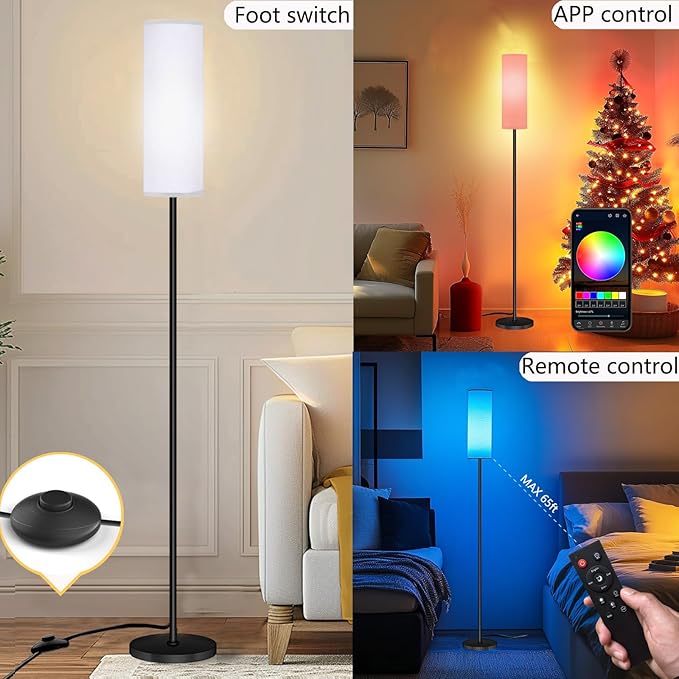 Smart LED Floor Lamp with APP Control & RGB Colors - Dimmable Standing Lamp for Living Room, Bedroom, Gaming - Remote, Timer, 9W Bulb Included, 67" Modern Tall Lamp (White)