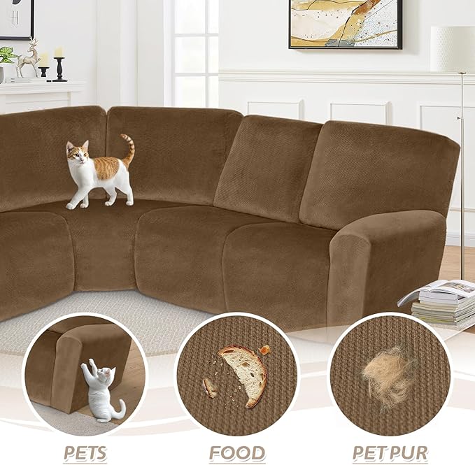 Arfntevss Sectional Recliner Couch Covers Velvet Corner Sectional Sofa Cover for Reclining Couch Stretch Soft L Shape Recliner Slipcover Thick U Shaped Washable Protector (5 Seat Cover, Light Brown)