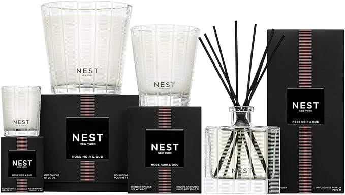 NEST New York Reed Diffuser, Rose Noir & Oud - 5.9 fl oz - Fragrance for Up to 90 Days - Reusable, Refillable Glass Holder - Includes 8 All-Natural Reed Sticks - Flame Free