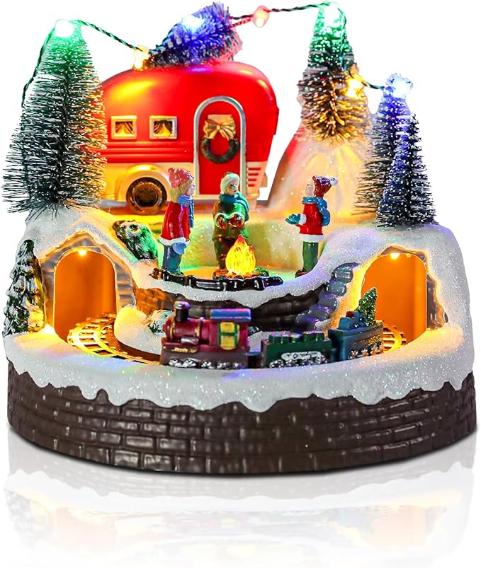 Christmas Village House Musical Christmas Collectible Buildings Camper Bonfire Train Rotation with LED Lights Vacation Village with USB Indoor Figurines Indoor Tabletop Decoration Xmas Decor