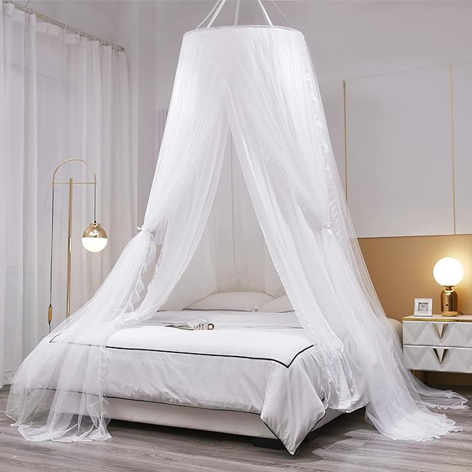 VETHIN Double Layer Princess Round Dome Canopy Bed Curtain for Girls Adults,Children Dreamy Mosquito Net,Cute Bedroom Decoration Castle Play Tent Reading Nook Canopies (Dome-White/White)