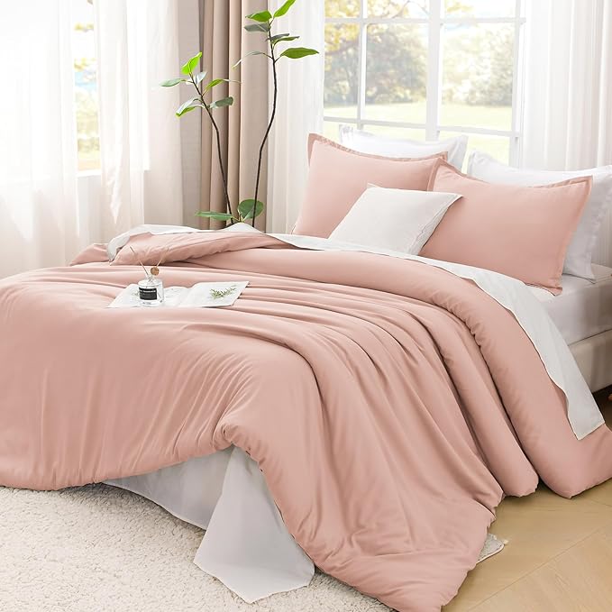Litanika Blush Pink Comforter California King Size, 3 Pieces Cal King Lightweight Solid Bedding Comforter Set, All Season Fluffy Bed Set (104x96In Comforter & 2 Pillowcases)