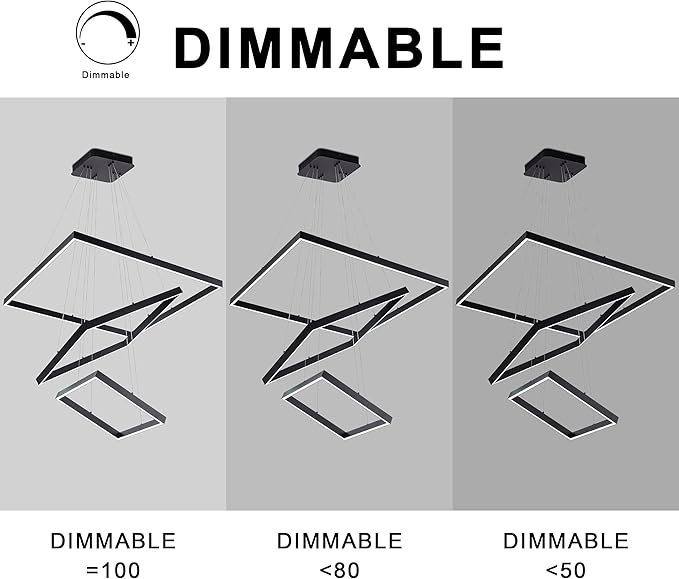 Led Chandelier 3 Rings Square Modern Led Pendant Lighting Dimmable Ceiling Pendant Light for Dining Room Living Room Kitchen Bedroom 15.7"+19.6"+31.4" Black