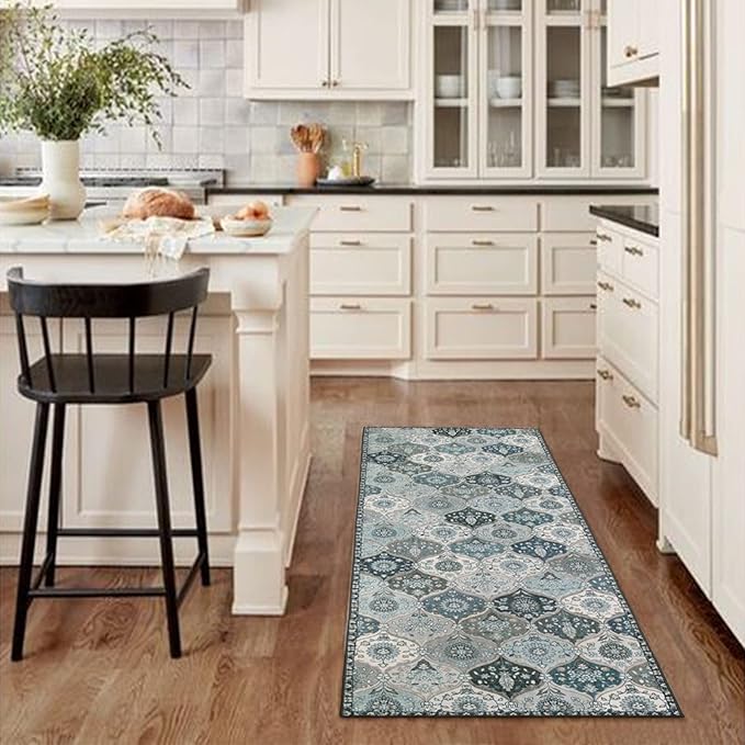 Lahome Moroccan Washable Runner Rug, 2'5''x8' Ultra-Thin Vintage Kitchen Runners for Hallways, Oriental Non-Slip Hallway Rug Carpet for Entryway Bedroom Laundry Room Foyer, Blue